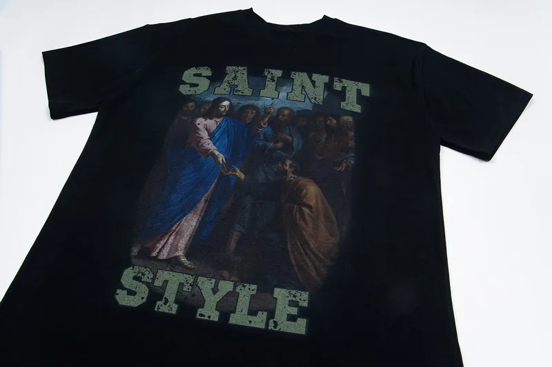 100💰S10#美Chao SAINT white ink direct-injection pure cotton 260g loose short-sleeved T-shirt 15 black, white S-XL